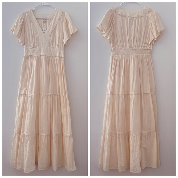 LOFT Flutter Sleeve V-Neck Tiered Embroidered Maxi Dress In Cream NWT Size S - Picture 3 of 10